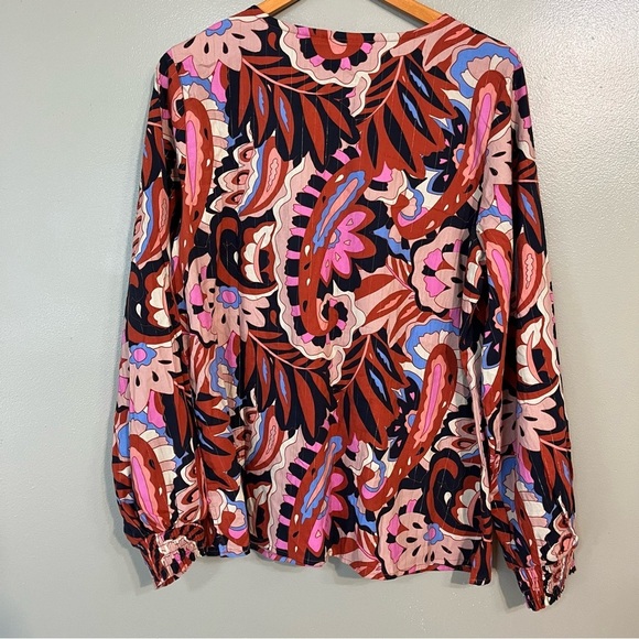 Belle Boho Kim Grauel Floral Red Pink Long Ballon Sleeve Blouse Button L New - Picture 2 of 14